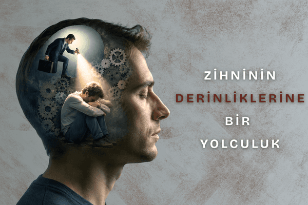 Gözleri kapalı bir erkeğin zihninde çarklar, dizlerini karnına çekip oturmuş üzgün bir kişi, ona fener tutan takım elbiseli bir terapist ve "Zihninin derinliklerine bir yolculuk" yazısı.
