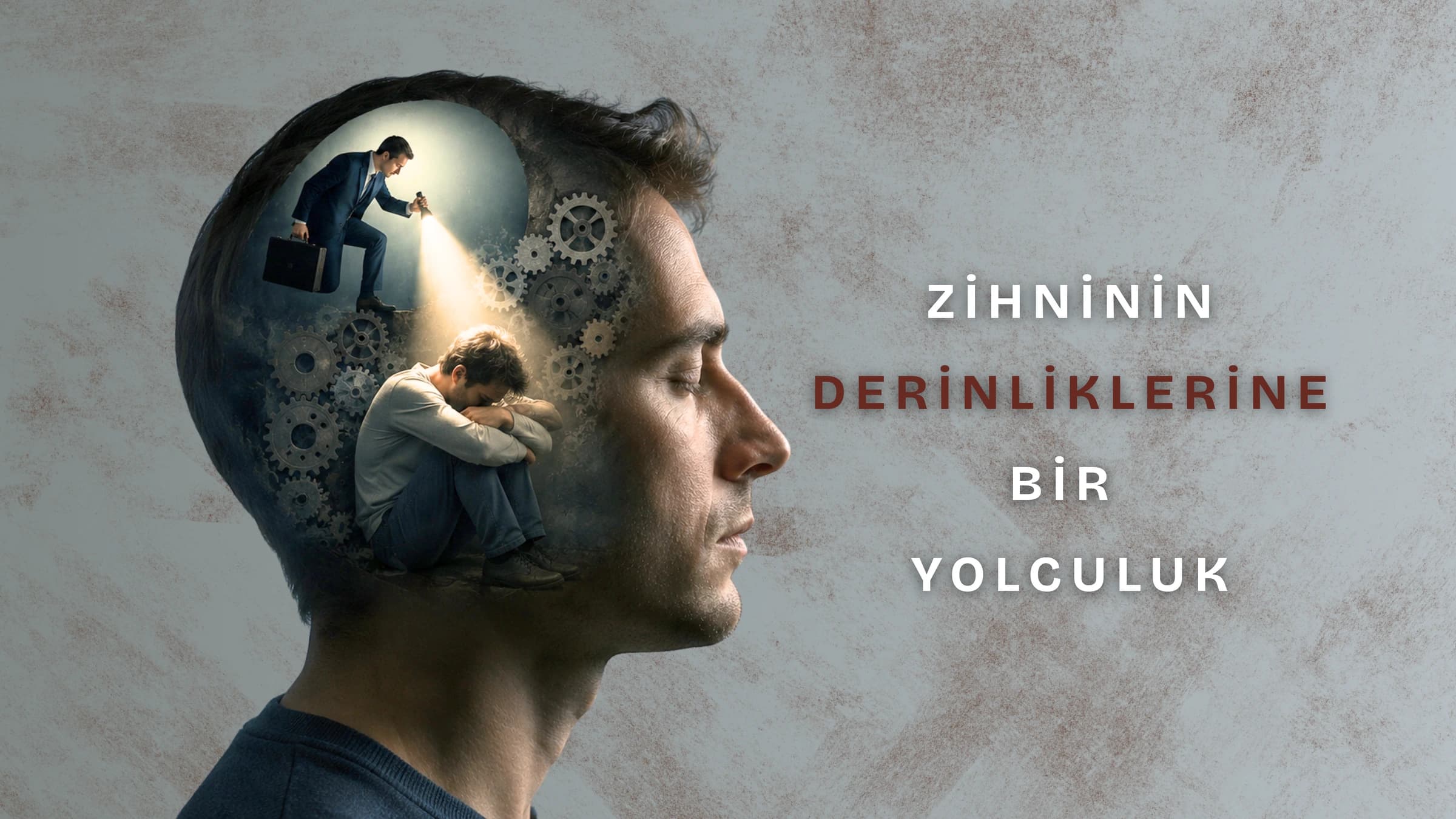 Gözleri kapalı bir erkeğin zihninde çarklar, dizlerini karnına çekip oturmuş üzgün bir kişi, ona fener tutan takım elbiseli bir terapist ve "Zihninin derinliklerine bir yolculuk" yazısı.