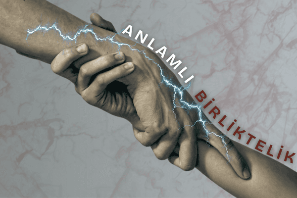 Birbirinin bileğini sıkıca kavramış iki insan eli, aralarında parlayan elektrik/şimşek hattı ve sağ tarafta çapraz yer alan "ANLAMLI BİRLİKTELİK" yazısı.