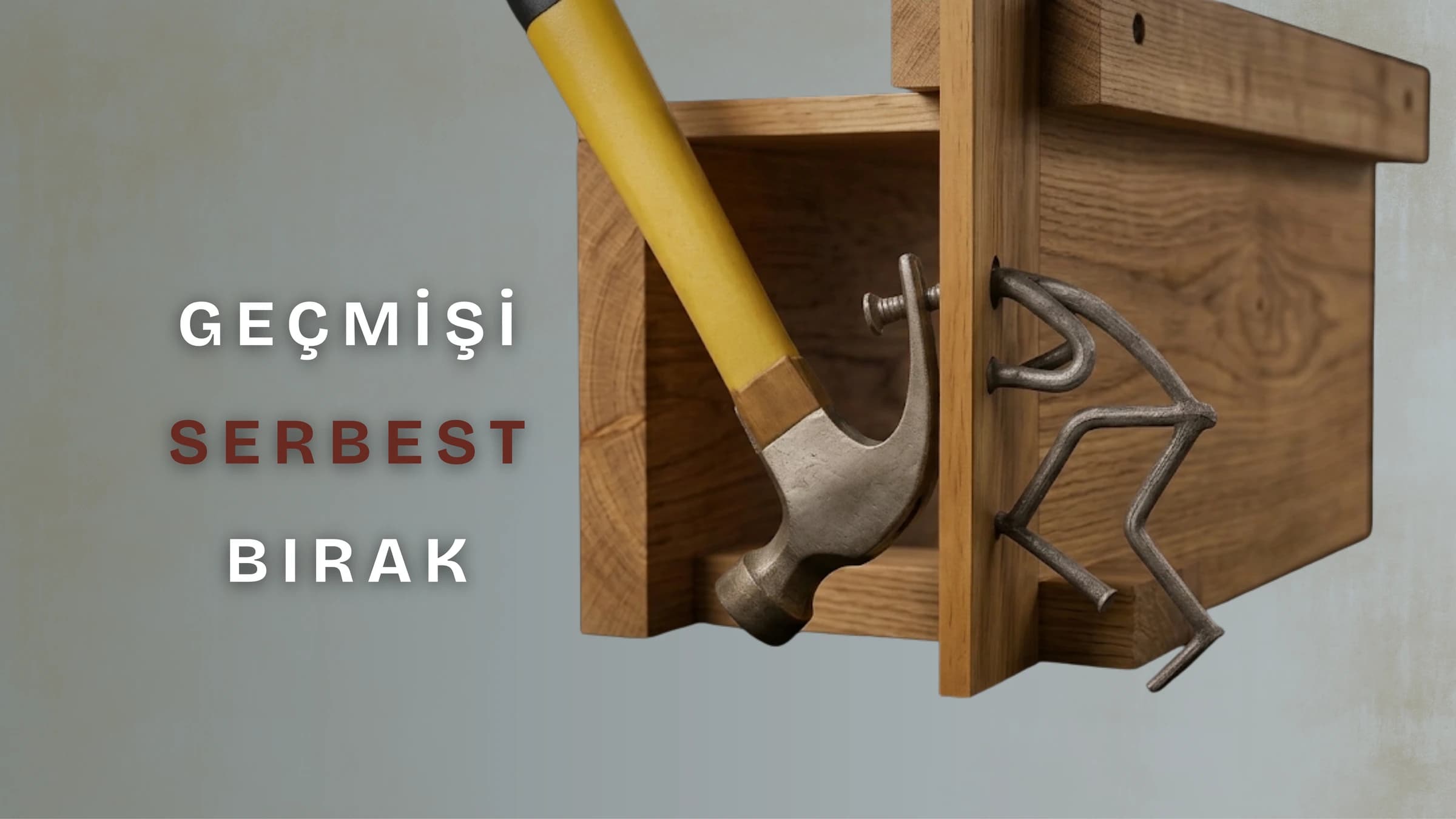 Ahşap bloğa çakılı bir çividen yapılmış kaçmaya çalışan insan figürü, çiviyi sökmeye çalışan sarı saplı bir çekiç ve sol tarafta "GEÇMİŞİ SERBEST BIRAK" yazısı.