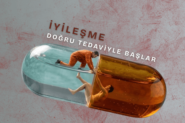 Yatay bir ilaç kapsülünün içinde, turuncu giysili bir adamın, düşen bir adamı mavi sudan sarı suya tuttuğu görülüyor. Üstte "İYİLEŞME, DOĞRU TEDAVİYLE BAŞLAR" yazısı bulunuyor.