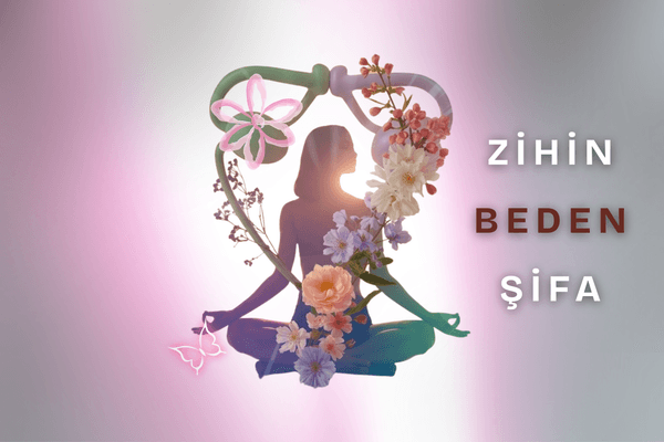 Meditasyon pozisyonunda oturan kadın silüetini çevreleyen rahim formunda çiçekli çelenk, parlayan ışıklar ve "Zihin, Beden, Şifa" yazısı.
